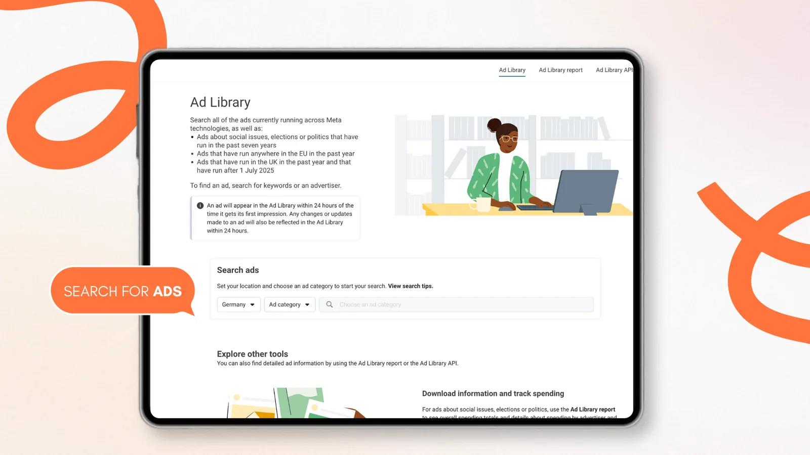 Meta Ad Library search page for finding the ads a competitor is currently running across Meta's apps Meta Ad Library search page for finding the ads a competitor is currently running across Meta's apps