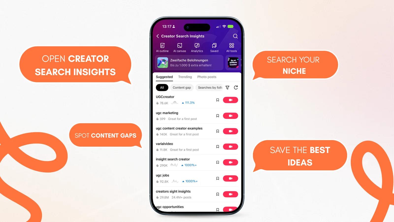 TikTok Creator Search Insights showing suggested and trending search terms with search volume and growth, plus a content-gap filter TikTok Creator Search Insights showing suggested and trending search terms with search volume and growth, plus a content-gap filter