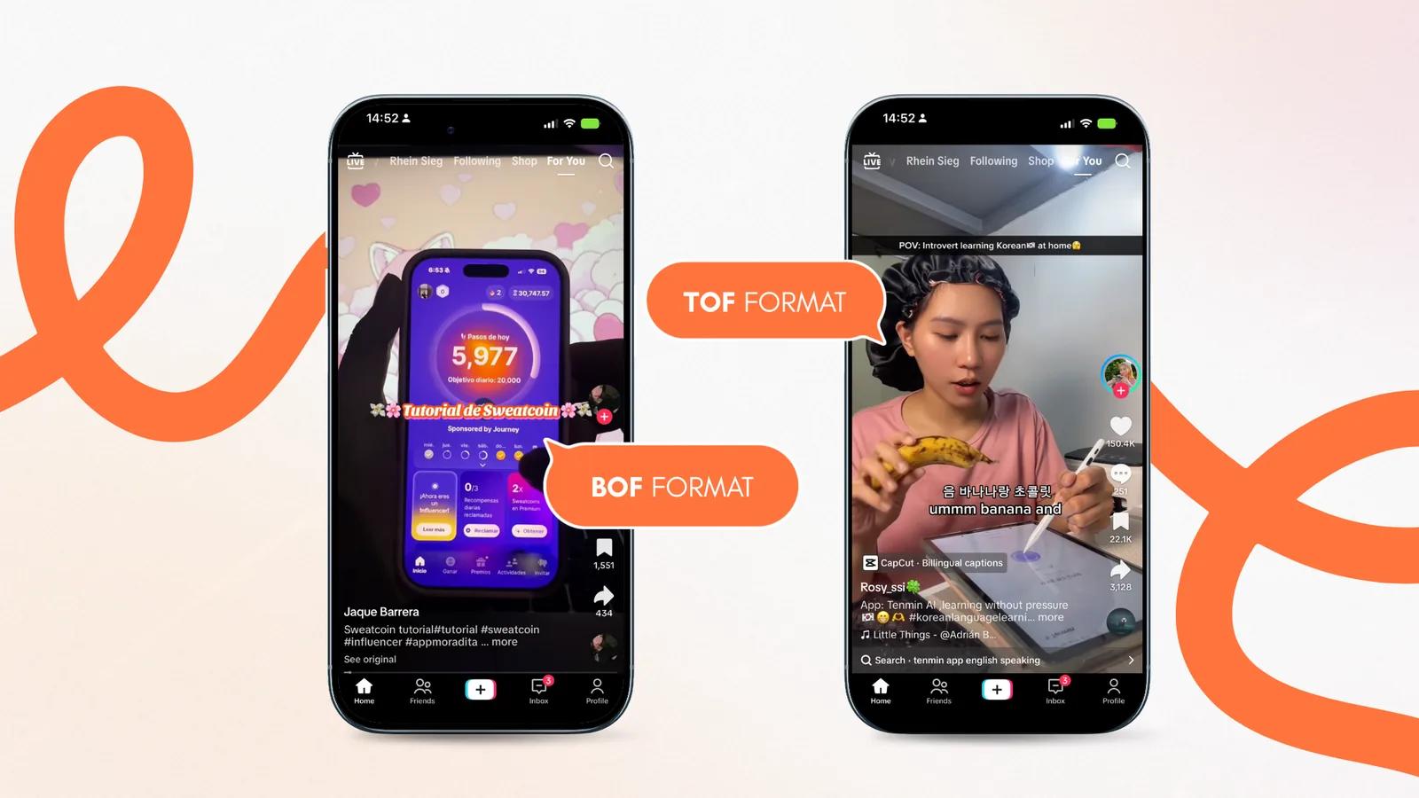Two TikTok examples side by side: a bottom-of-funnel app tutorial that shows the product front and center, and a top-of-funnel relatable POV video where the product plays a small role Two TikTok examples side by side: a bottom-of-funnel app tutorial that shows the product front and center, and a top-of-funnel relatable POV video where the product plays a small role