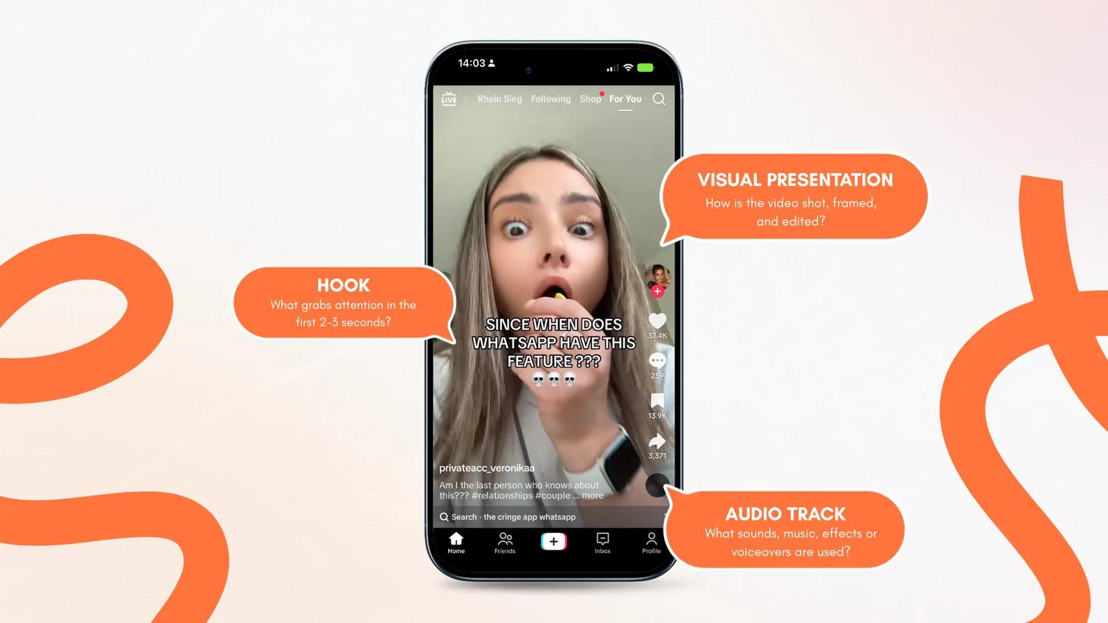 A TikTok video annotated with the three parts to analyze: the hook in the first 2–3 seconds, the visual presentation, and the audio track A TikTok video annotated with the three parts to analyze: the hook in the first 2–3 seconds, the visual presentation, and the audio track