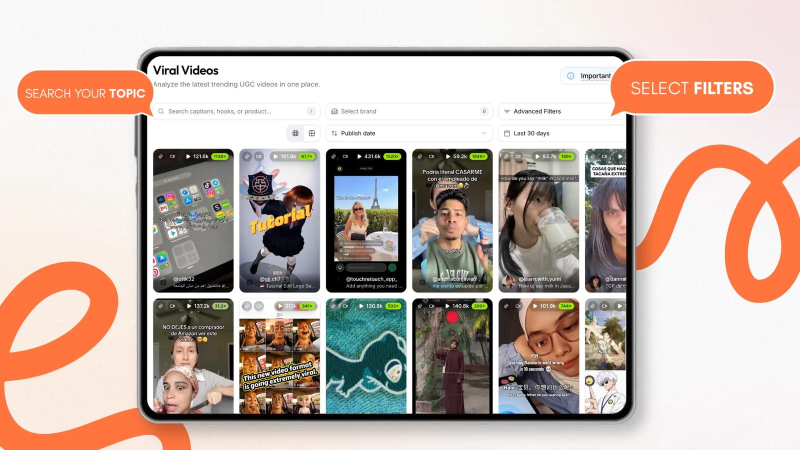 viral.app Viral Videos library with search, brand selection, and advanced filters over a grid of trending UGC videos with view counts and outlier factors viral.app Viral Videos library with search, brand selection, and advanced filters over a grid of trending UGC videos with view counts and outlier factors