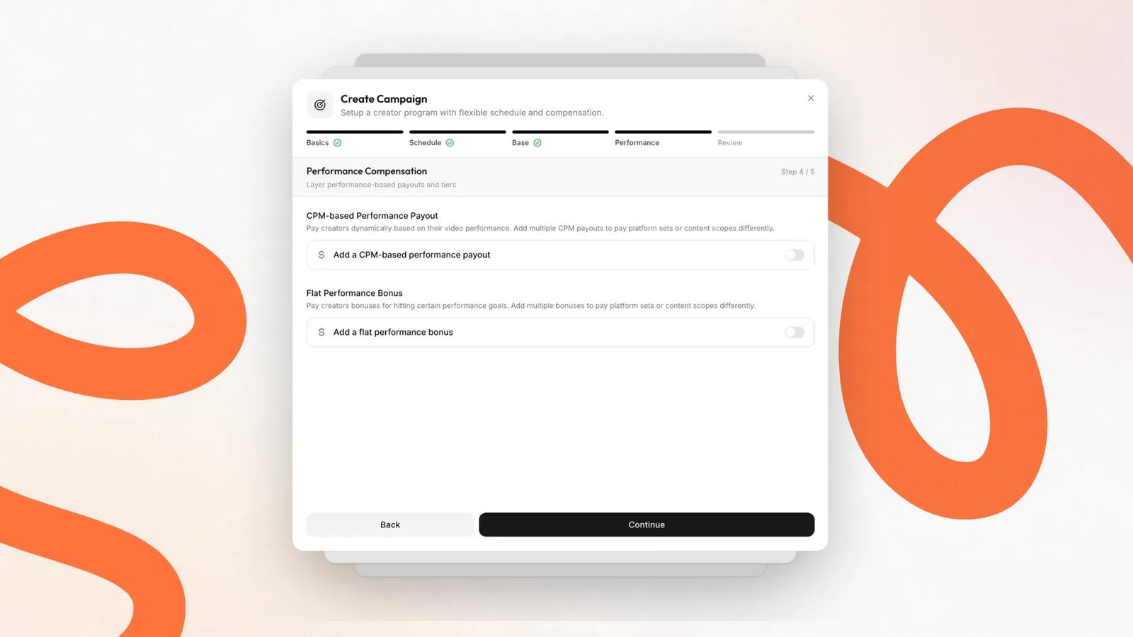 Step 4 of the viral.app campaign builder: toggles for a CPM-based performance payout and a flat performance bonus Step 4 of the viral.app campaign builder: toggles for a CPM-based performance payout and a flat performance bonus