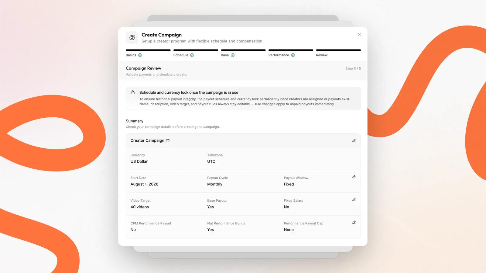 Step 5 of the viral.app campaign builder: a summary of currency, schedule, video target, base payout, and performance rules before launch Step 5 of the viral.app campaign builder: a summary of currency, schedule, video target, base payout, and performance rules before launch