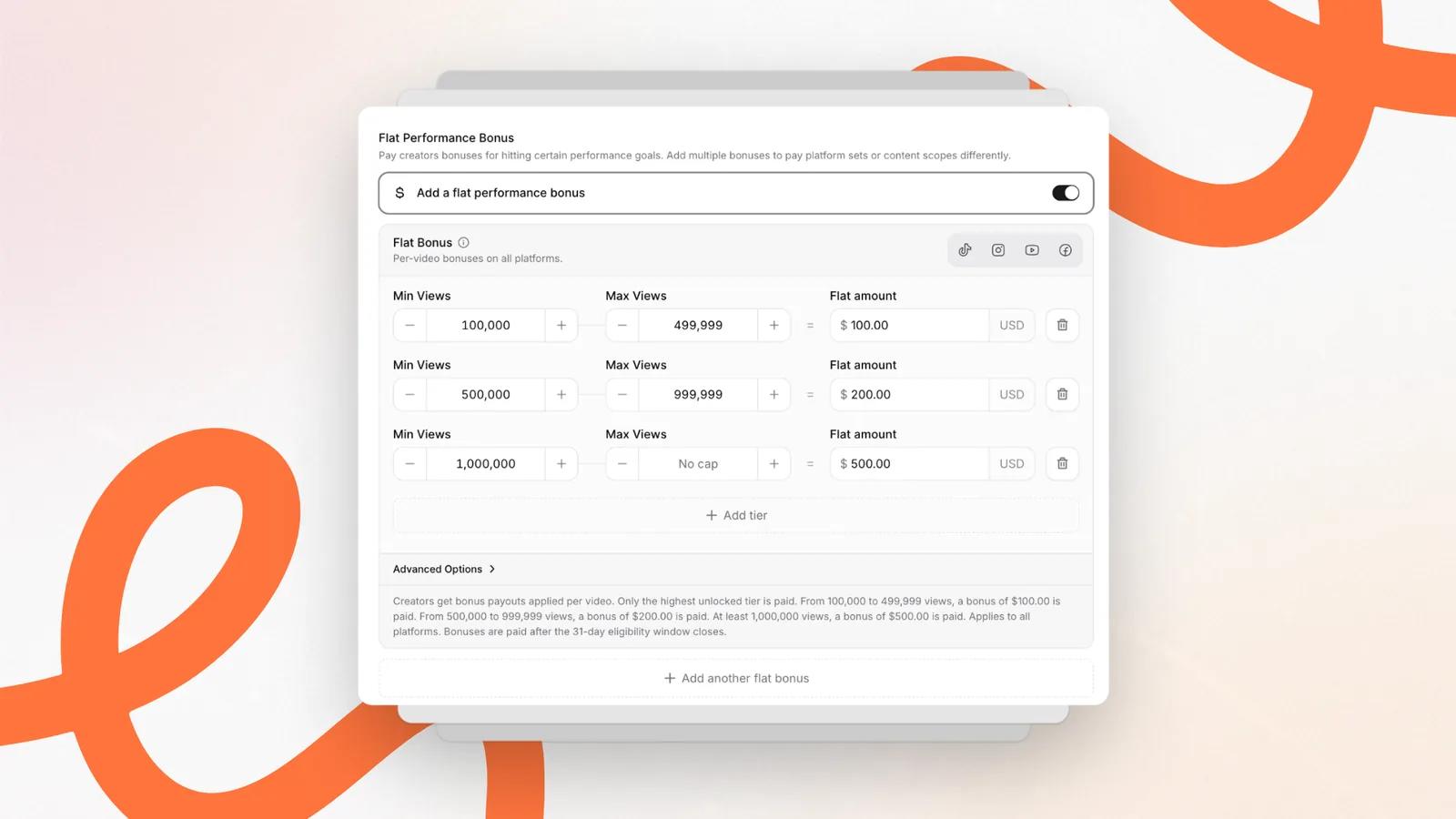 Flat performance bonus tiers in viral.app: $100 from 100,000 views, $200 from 500,000 views, and $500 from 1 million views, paid per video Flat performance bonus tiers in viral.app: $100 from 100,000 views, $200 from 500,000 views, and $500 from 1 million views, paid per video