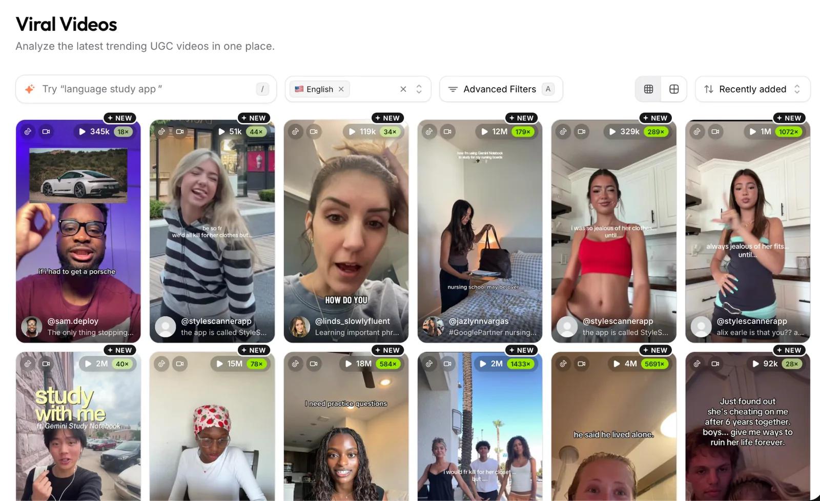 The Viral Videos page in viral.app: a grid of trending UGC videos with view counts and outlier multipliers, a search box, a language filter, and advanced filters The Viral Videos page in viral.app: a grid of trending UGC videos with view counts and outlier multipliers, a search box, a language filter, and advanced filters