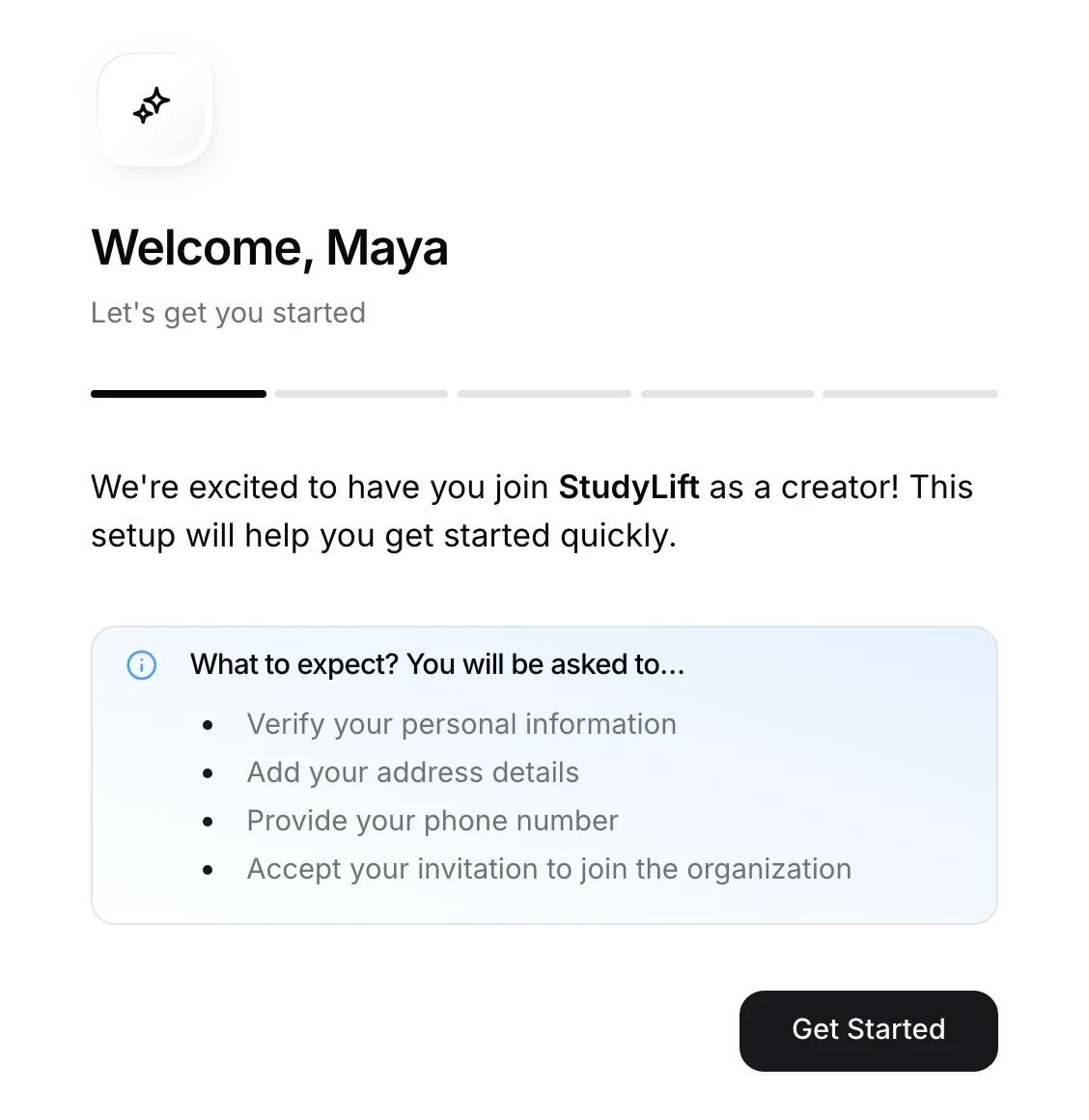 The invitation setup for StudyLift: Welcome Maya, with the four things the setup asks for and a Get Started button.