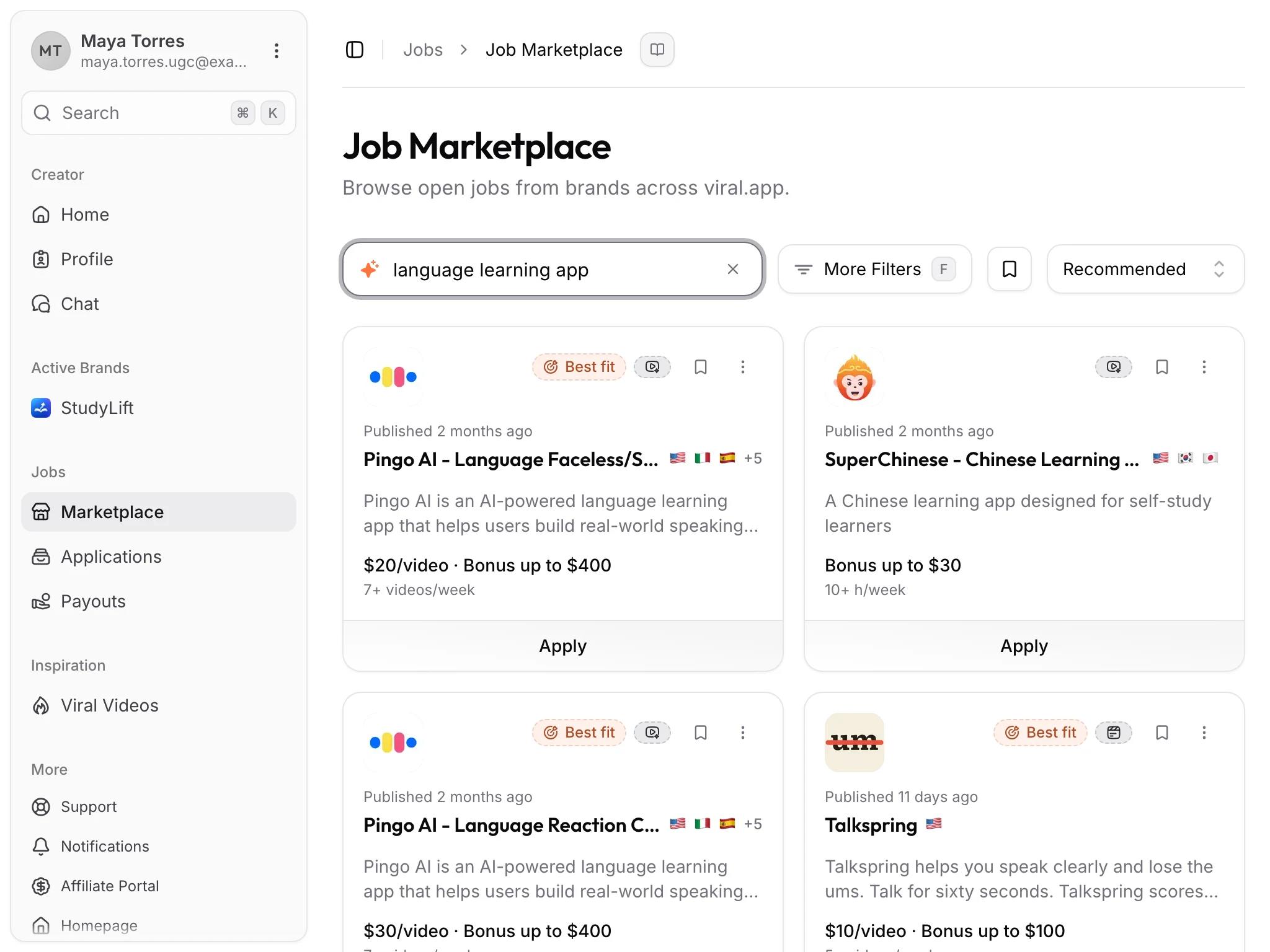 The Job Marketplace searched for language learning app, showing job cards for language apps with Best fit badges, pay per video and bonuses, and weekly commitment.