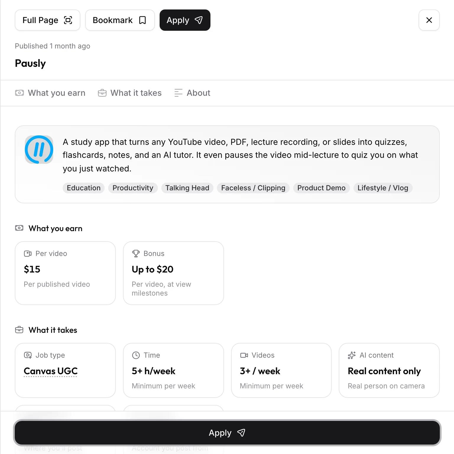 Job details for Pausly with What you earn, 15 dollars per video plus a bonus up to 20 dollars, and What it takes: Canvas UGC, 5 hours and 3 videos a week, real content only.