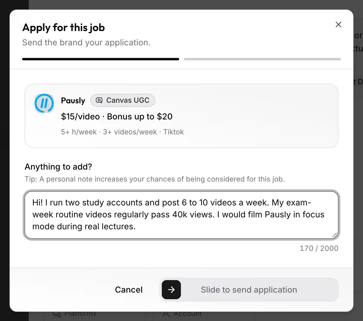 The Apply for this job dialog for Pausly with the pay summary, a personal note to the brand, and the Slide to send application control.