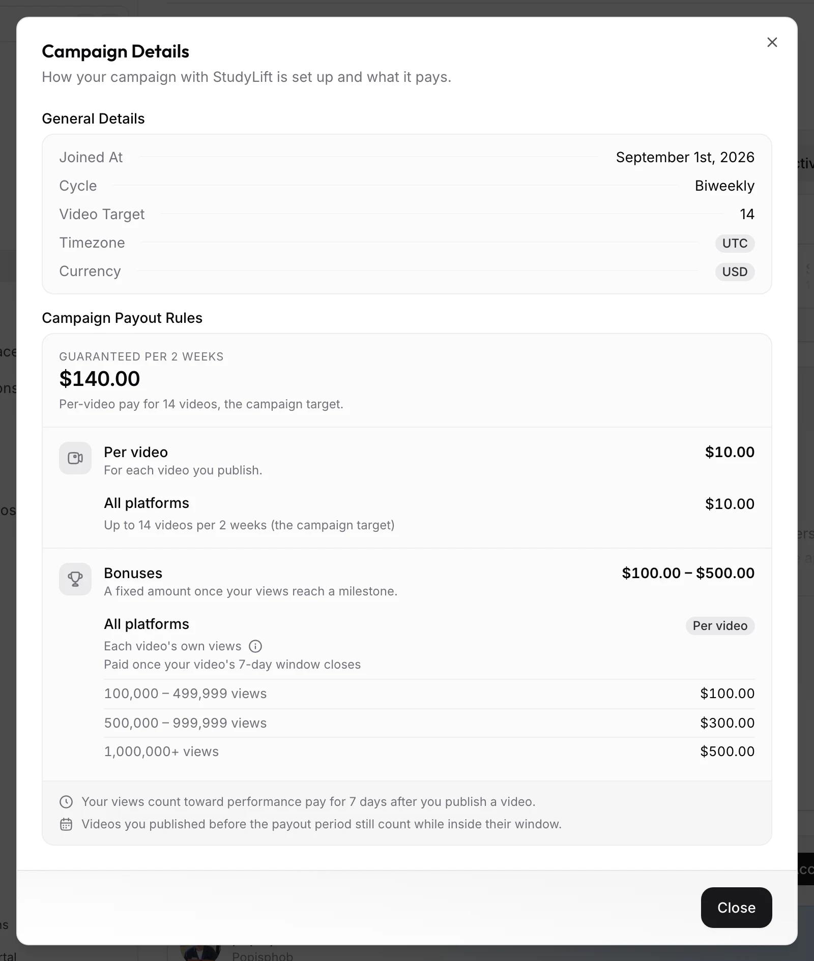 The Campaign Details dialog for StudyLift: biweekly cycle, video target 14, UTC, USD, 140 dollars guaranteed per 2 weeks from 10 dollars per video, and per-video bonuses of 100, 300, and 500 dollars at 100,000, 500,000, and 1,000,000 views.