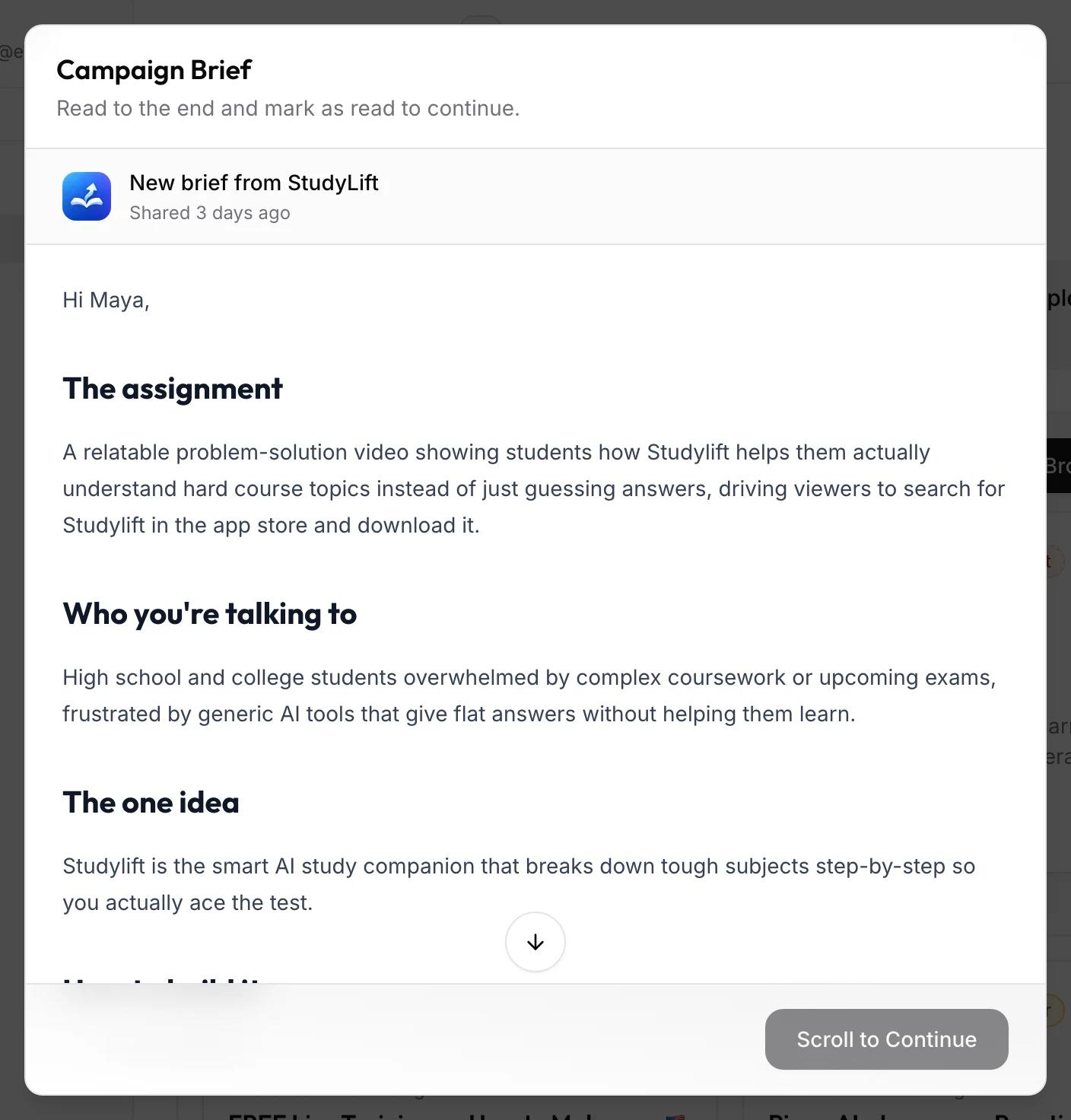 The Campaign Brief dialog showing New brief from StudyLift with sections The assignment, Who you're talking to, and The one idea, and a Scroll to Continue button.