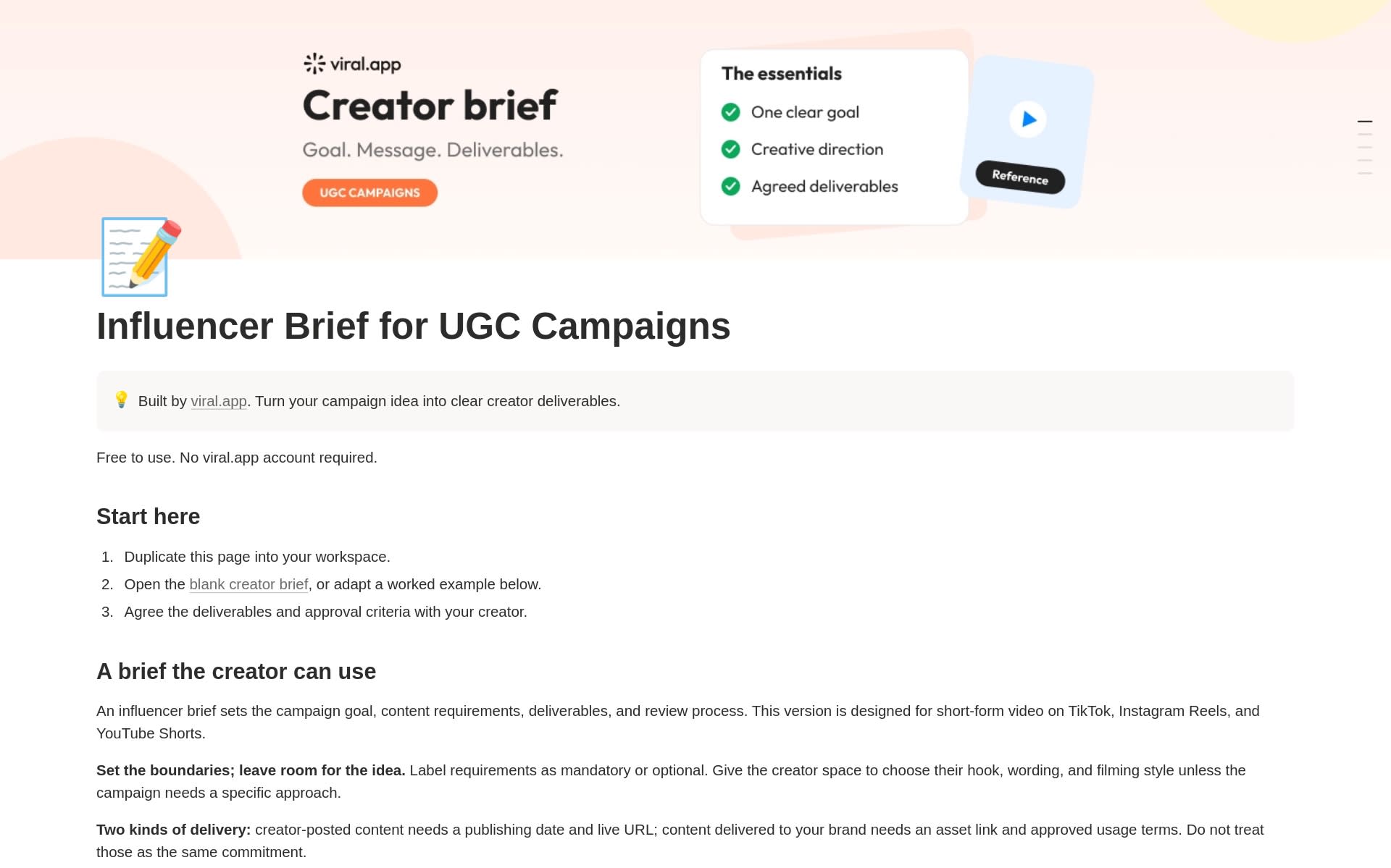 Influencer Brief for UGC Campaigns Notion template by viral.app, open on its start-here steps Influencer Brief for UGC Campaigns Notion template by viral.app, open on its start-here steps