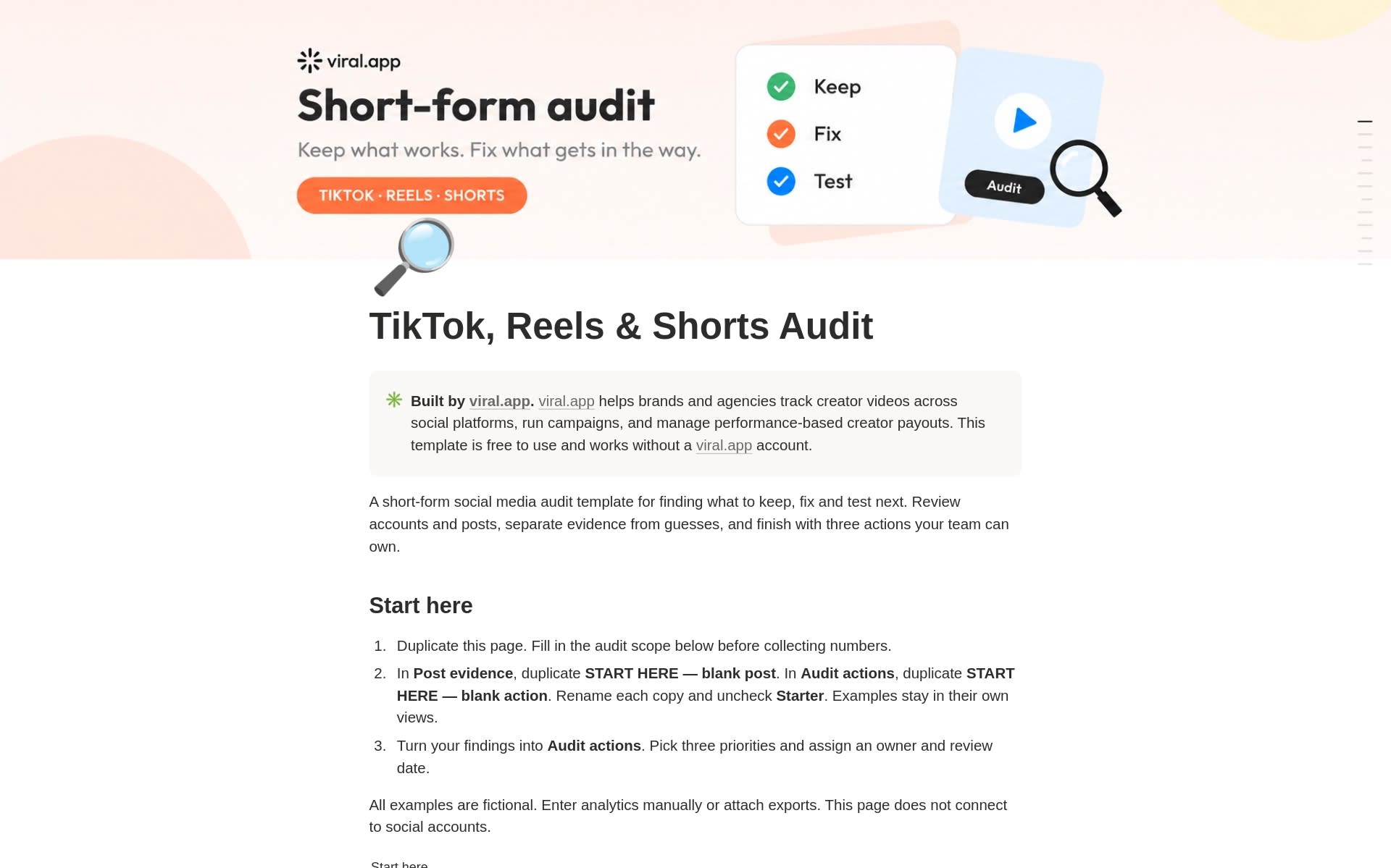 TikTok, Reels and Shorts Audit Notion template by viral.app for reviewing short-form accounts and posts TikTok, Reels and Shorts Audit Notion template by viral.app for reviewing short-form accounts and posts
