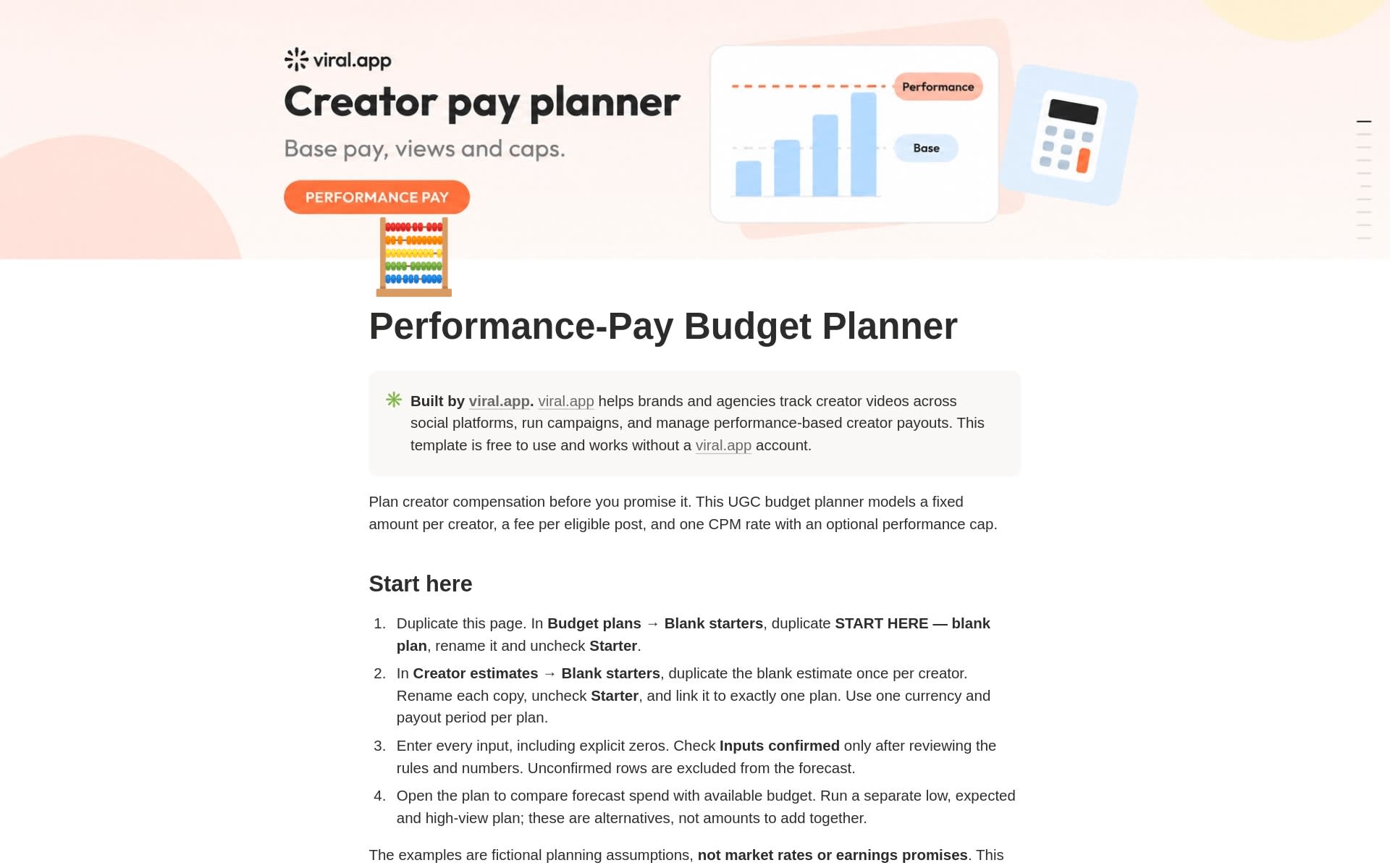 Performance-Pay Budget Planner Notion template by viral.app for base pay, pay per view and performance caps Performance-Pay Budget Planner Notion template by viral.app for base pay, pay per view and performance caps