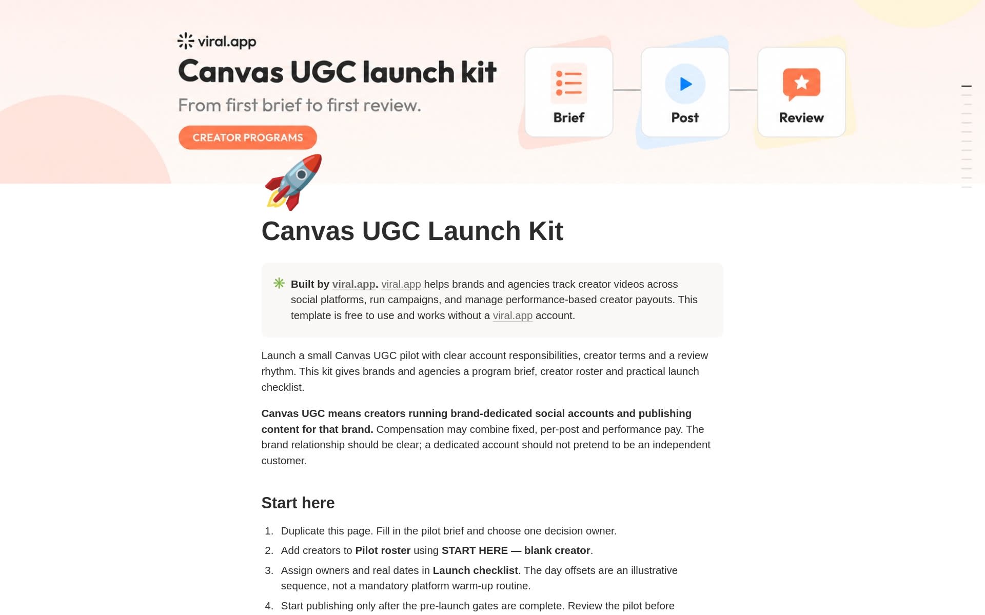Canvas UGC Launch Kit Notion template by viral.app for planning a creator-run brand account pilot Canvas UGC Launch Kit Notion template by viral.app for planning a creator-run brand account pilot