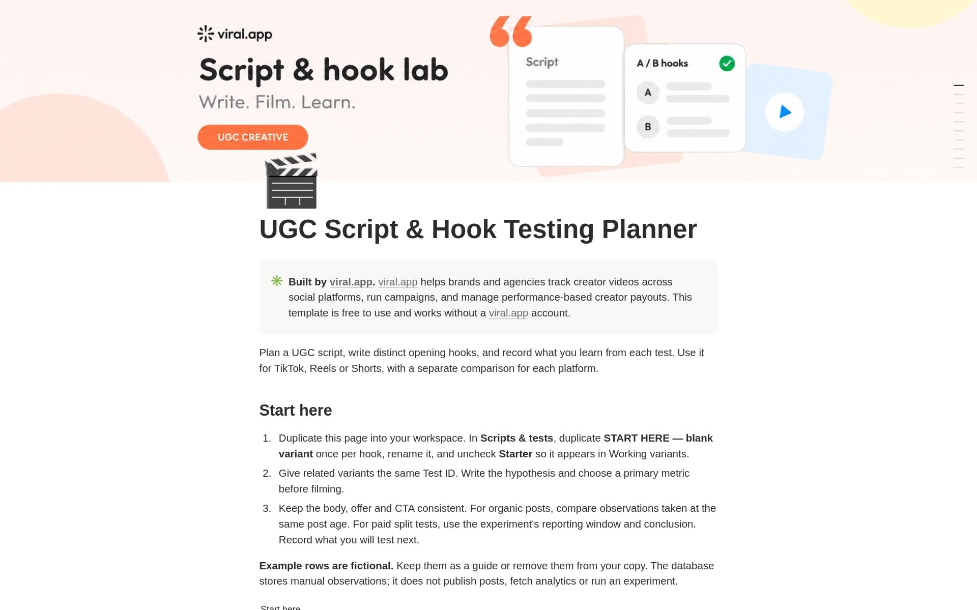 UGC Script and Hook Testing Planner Notion template by viral.app for writing scripts and comparing A/B hooks UGC Script and Hook Testing Planner Notion template by viral.app for writing scripts and comparing A/B hooks