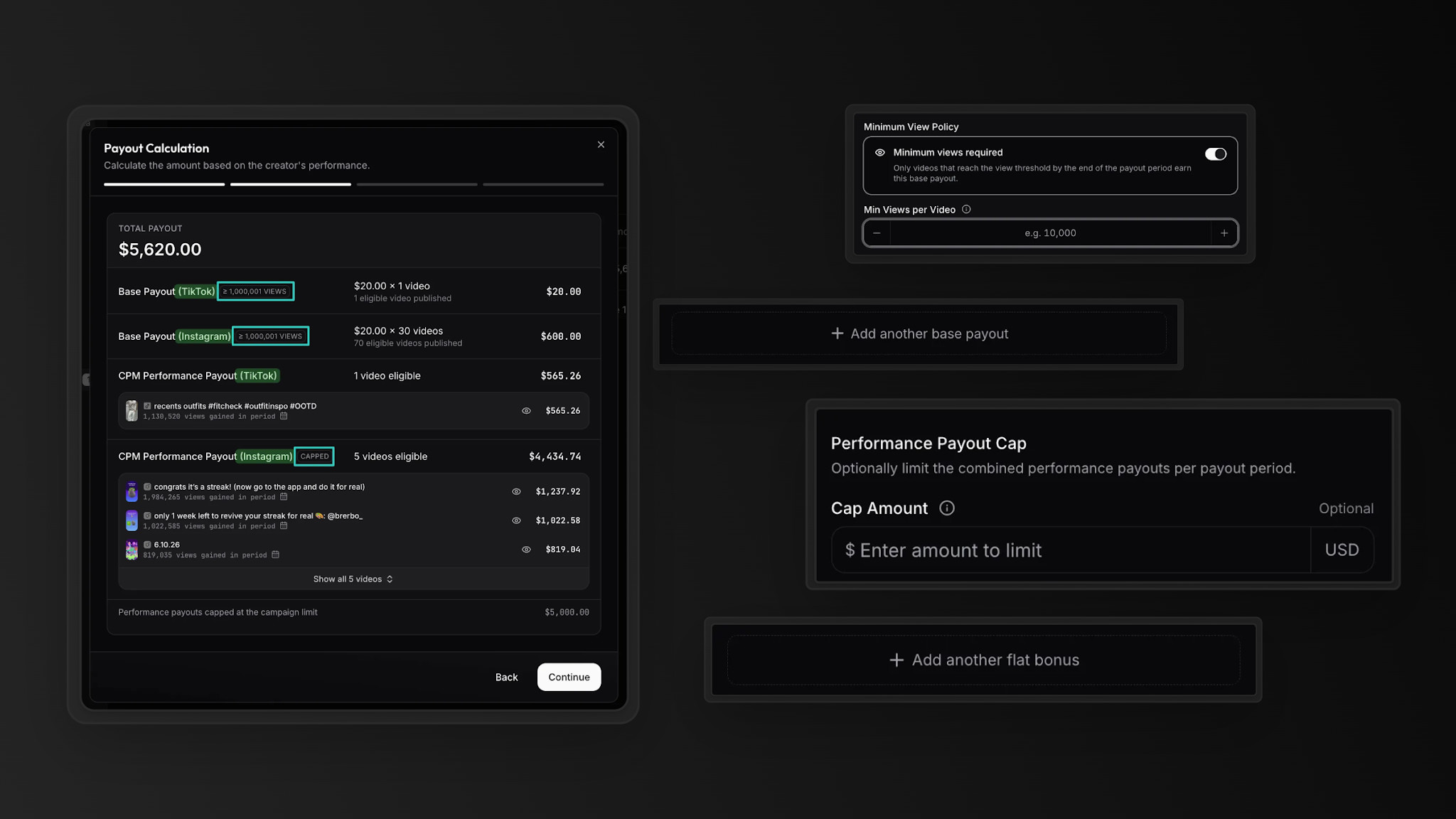 viral.app payout calculation: base pay per video on TikTok and Instagram plus CPM performance pay on each eligible video, with a payout cap and minimum view policy.