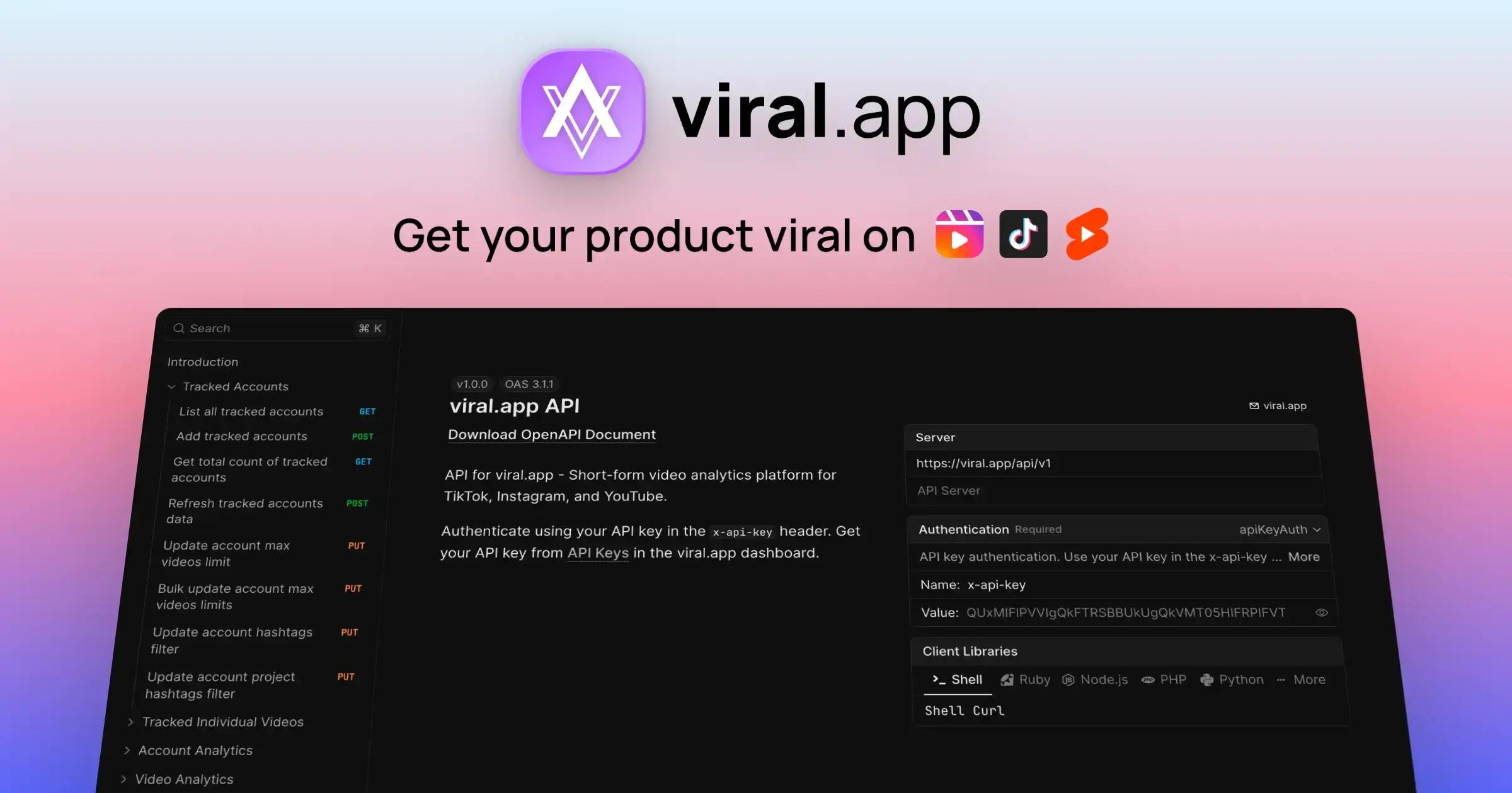 viral.app API - Programmatic Access to TikTok, Instagram & YouTube Analytics Introducing the viral.app API