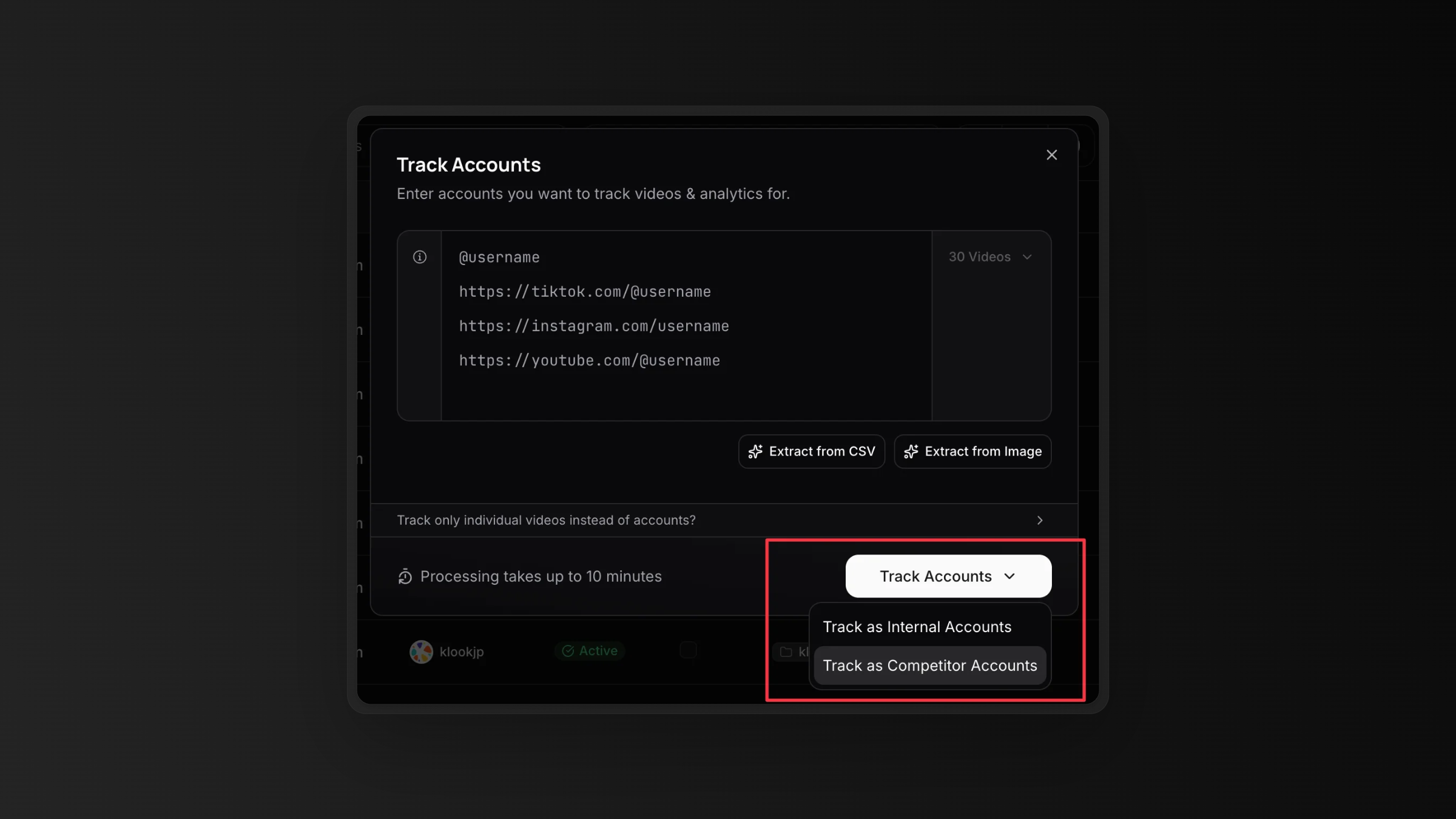 Track accounts dialog with competitor tracking option