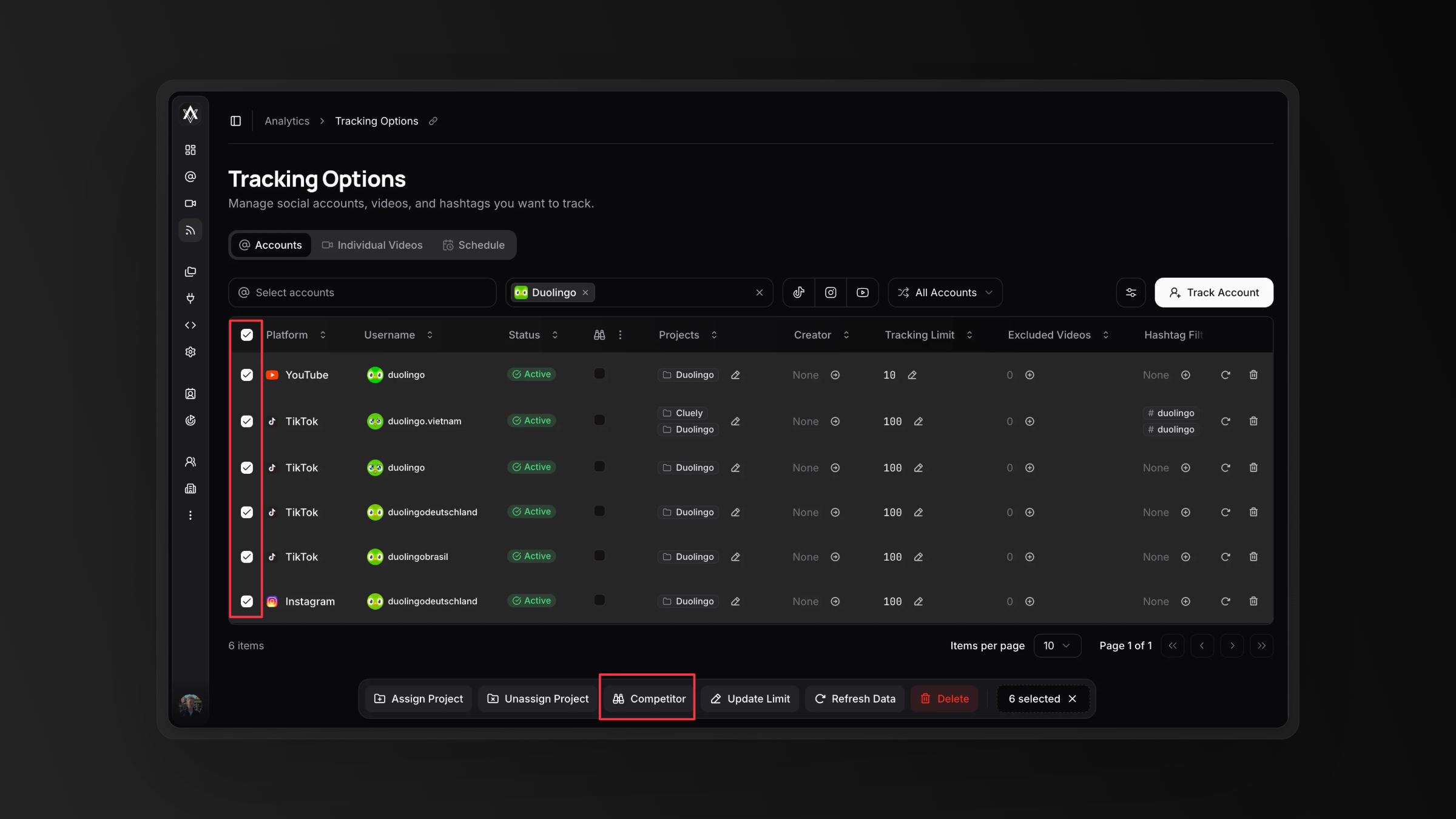 Bulk competitor action in the floating bar