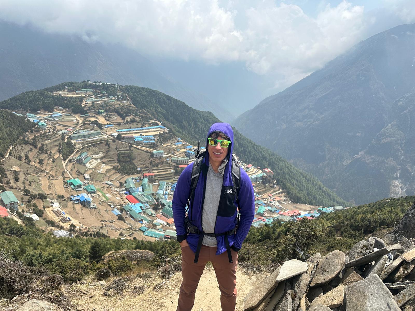 Namche Bazaar's terraced amphitheatre seen from the ridge above town