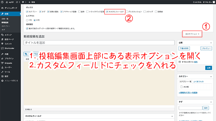 投稿編集画面で表示オプションにあるカスタムフィールドにチェックをつける