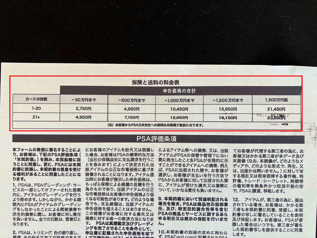 保険と送料の料金表