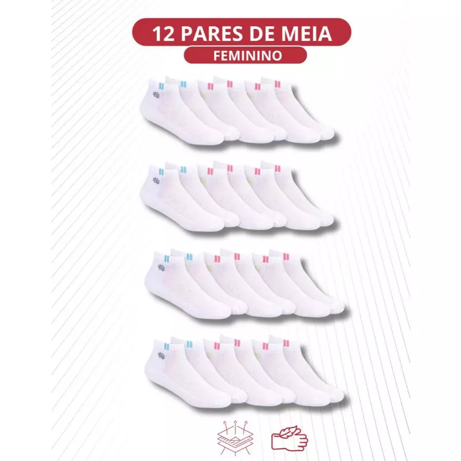 Kit com 6 Meias Feminina Soquete em Fios de Algodão Tecido Respirável Macio e Alta Elasticidade do 34 ao 39