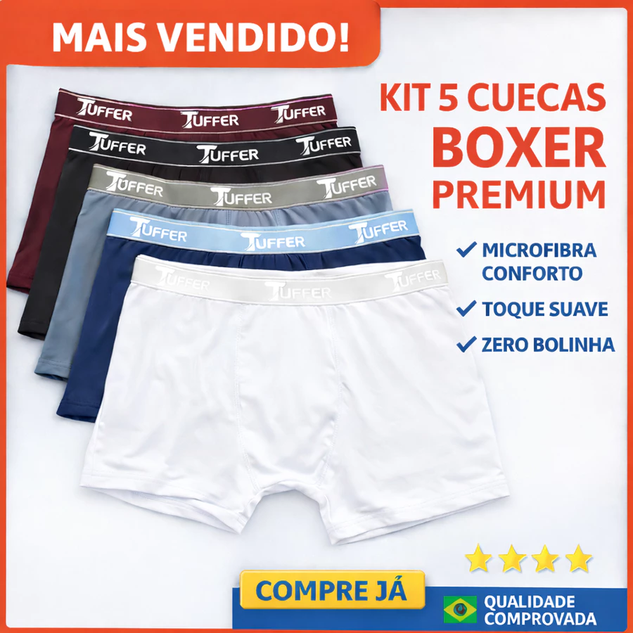 Kit 5 Cuecas Boxer Masculina Tuffer em Microfibra Qualidade Premium Cueca Box Adulto Conforto para o dia a dia