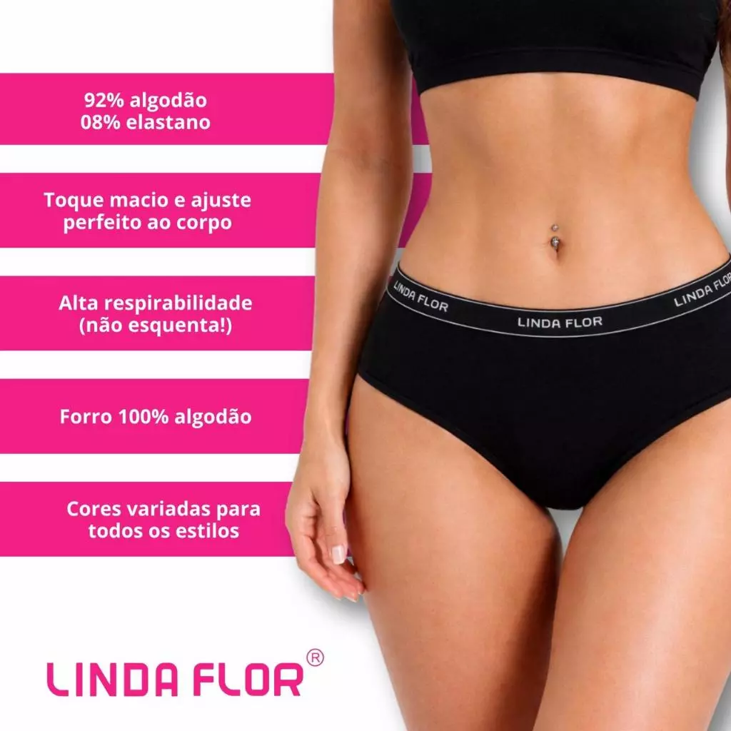 Visual 3 de Kit com 5 Calcinhas em Cotton Liso Adulto Tanga Feminina Linda Flor Cintura Alta com Forro Conforto Diário