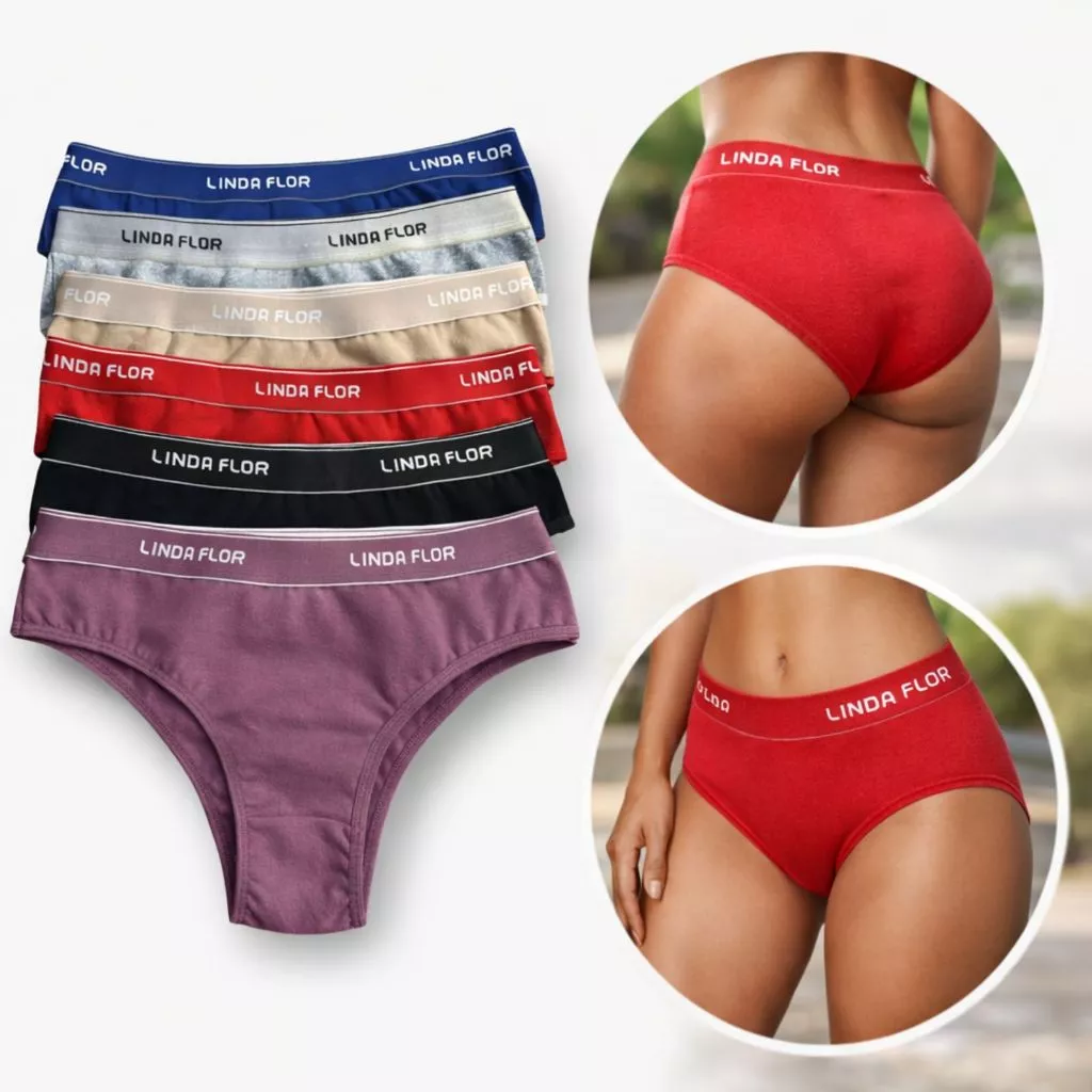 Kit com 5 Calcinhas em Cotton Liso Adulto Tanga Feminina Linda Flor Cintura Alta com Forro Conforto Diário