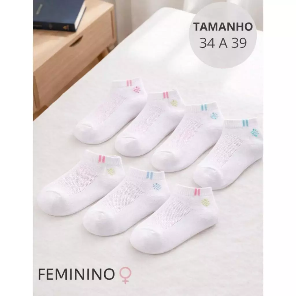 Visual 2 de Kit com 12 Meias Femininas Soquete com Detalhes em Fios de Algodão Tecido Macio Respirável do 34 ao 39