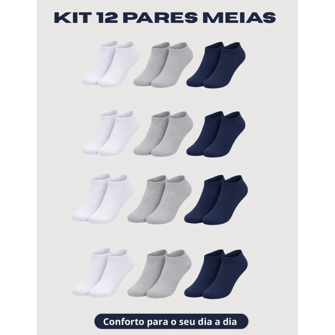 Visual 2 de Kit 12 Pares Masculina Soquete Em Fios De Algodão