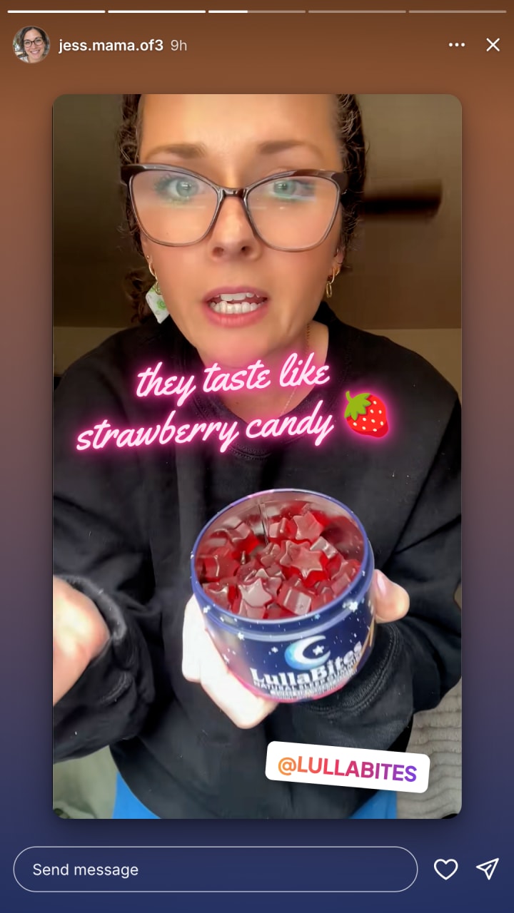 Instagram story from a customer tagging @LULLABITES: the strawberry star gummies in hand.