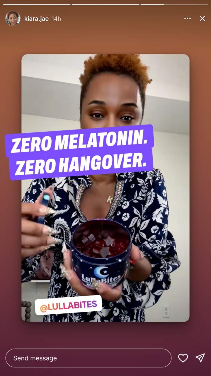 Instagram story from a customer tagging @LULLABITES: pointing out zero melatonin.