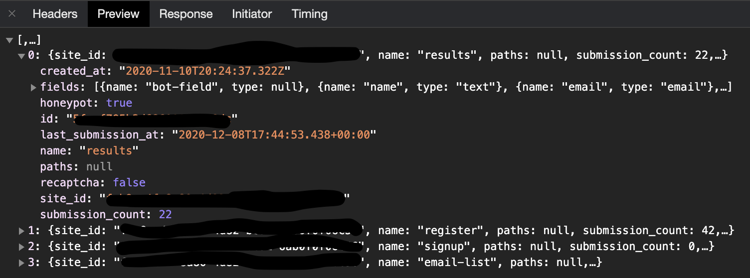 Network tab in chrome dev tools showing the preview tab