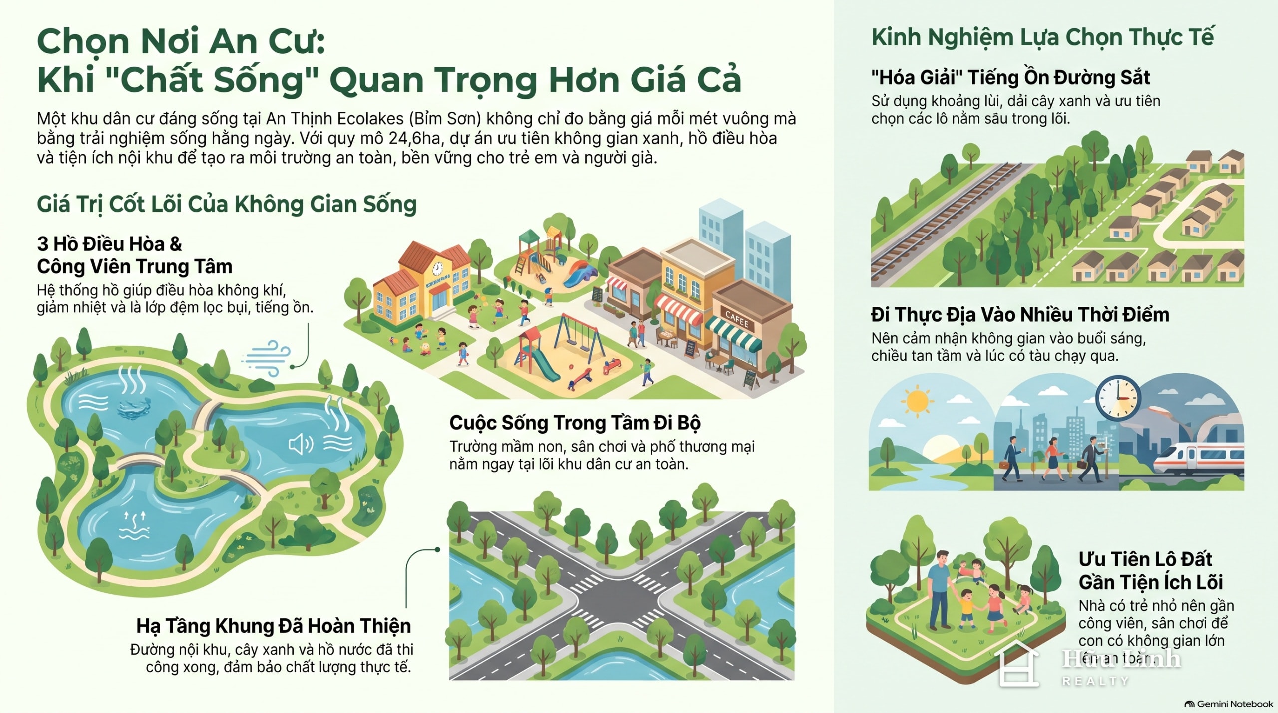 Infographic Chọn nơi an cư: hồ nước, công viên và chất sống của một khu dân cư