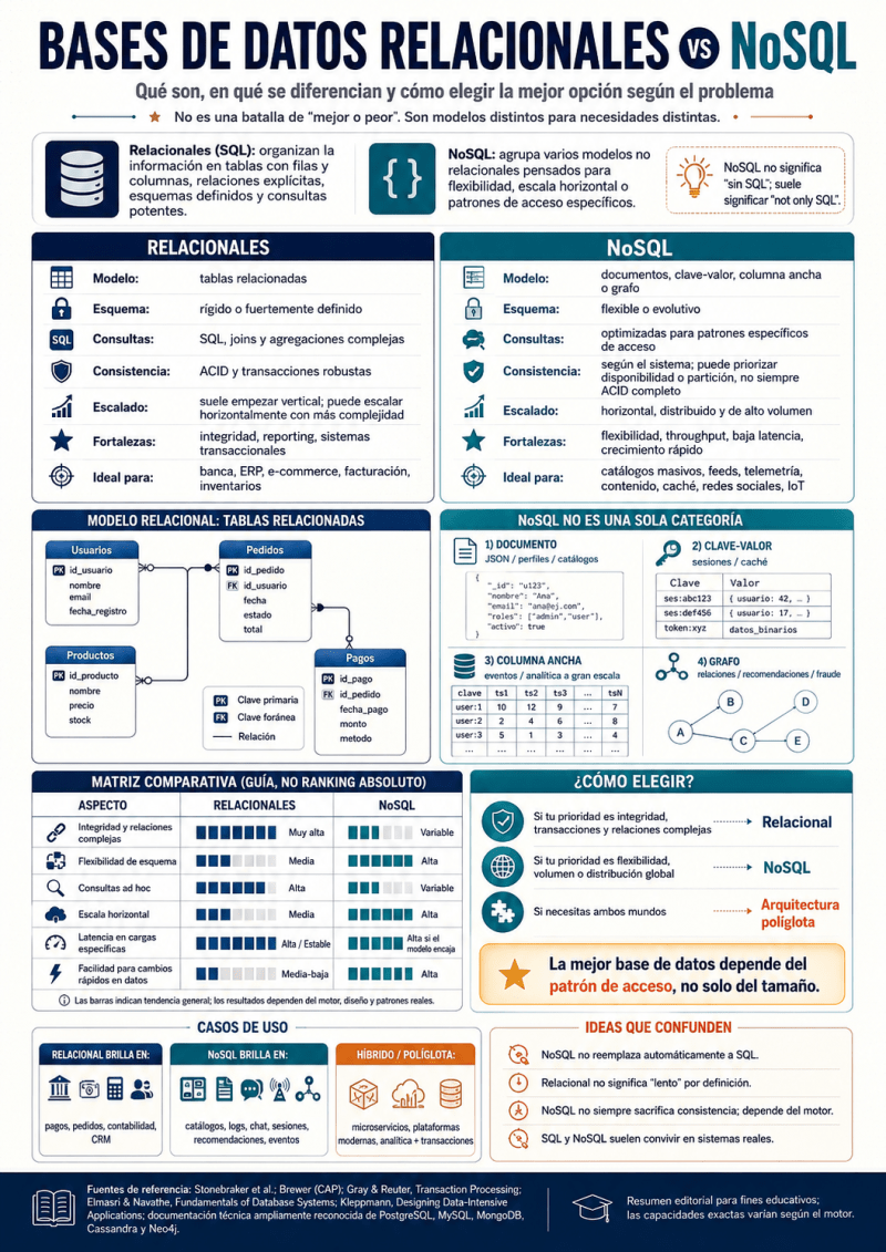 Comparativa visual para decidir entre SQL y NoSQL y cuándo combinarlos.