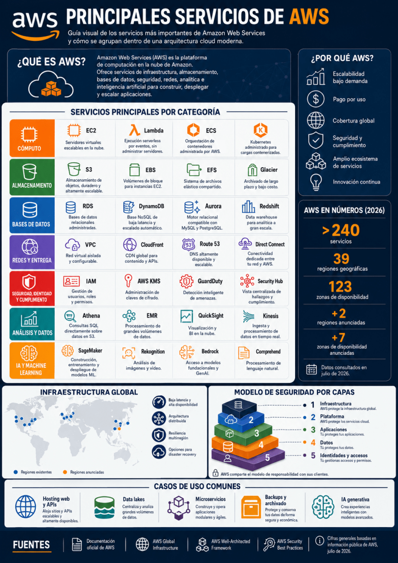 Resumen visual de AWS y sus servicios principales en 2026.