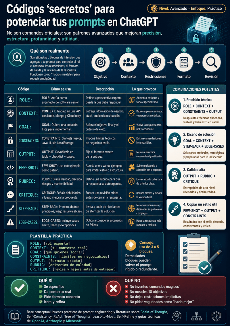 Guía visual con etiquetas y ejemplo de plantilla para estructurar prompts efectivos en ChatGPT usando roles, contexto, restricciones y formatos.