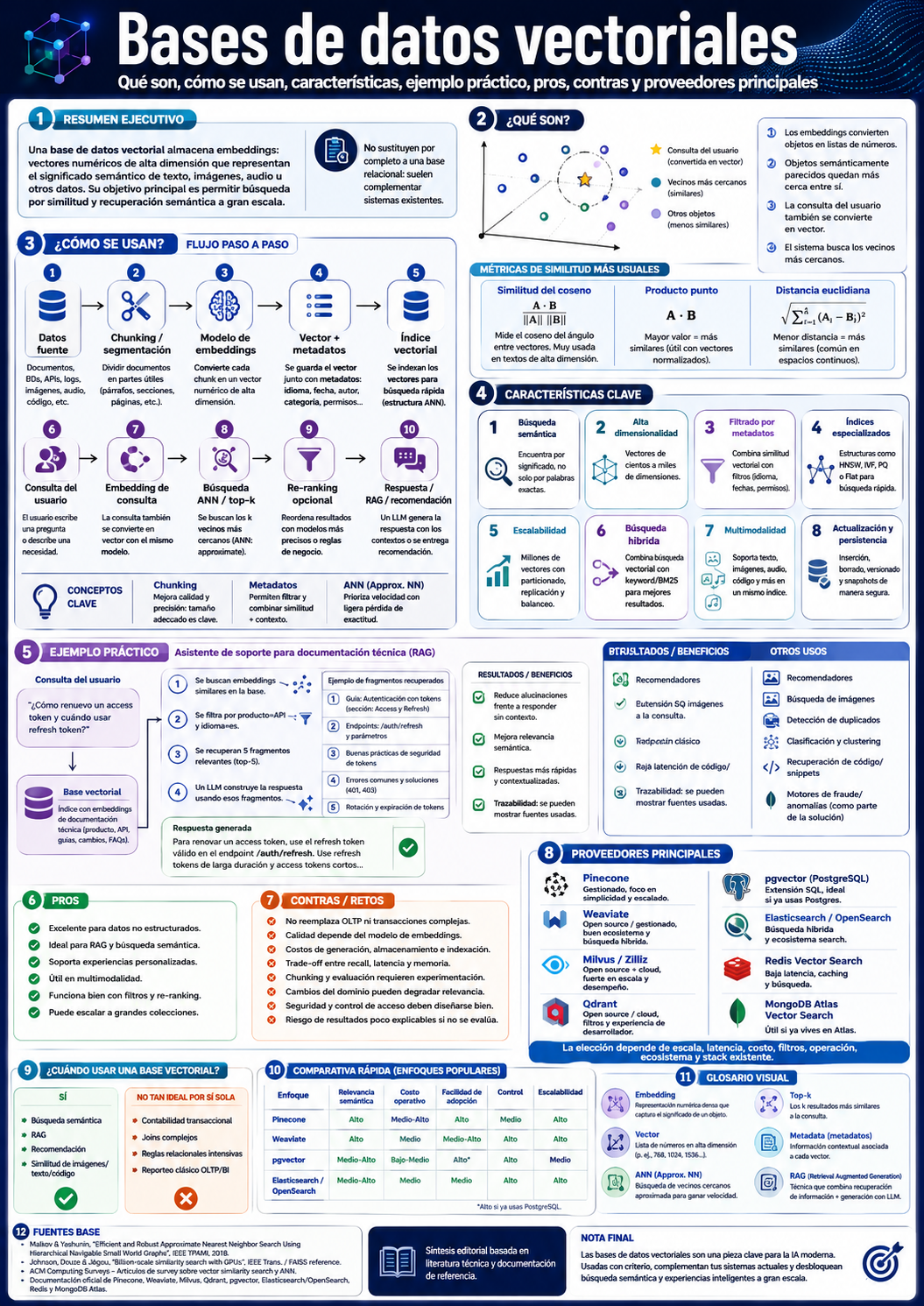 Infografía en español sobre bases de datos vectoriales: definición, uso paso a paso, métricas de similitud, características clave, ejemplo práctico RAG, pros y contras y proveedores principales.