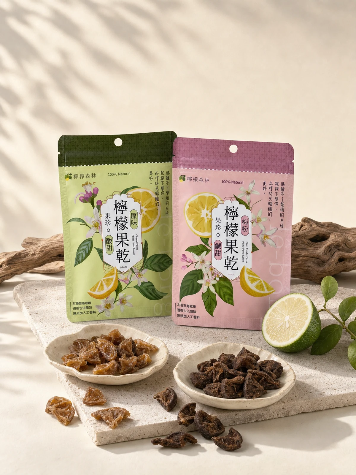 玉翡翠檸檬果乾 50g 隨手包，綠色原味與粉紅色梅粉兩袋立在洞石上，前方兩碟小片果乾，旁有切半的綠皮檸檬。