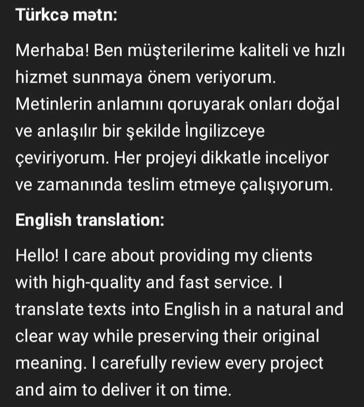 Türk dilindeki metni ingiliscəye tərcümə