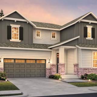 The Roslyn, a single family, two-story home with a two-car garage shown in Exterior Home Design A.