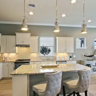 Kitchen with adjacent café	