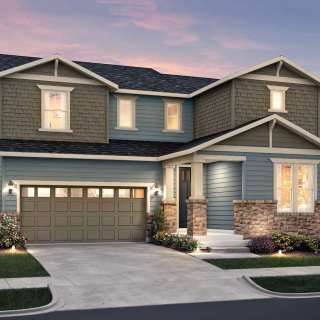 The Roslyn, a single family, two-story home with a two-car garage shown in Exterior Home Design B.