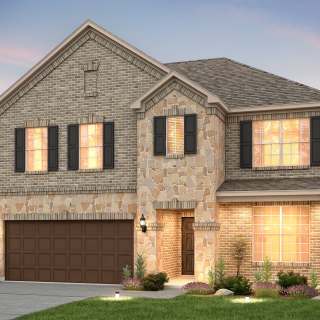 The Caldwell, a two-story home with covered front porch and 2-car cedar garage, shown as Home Exterior B