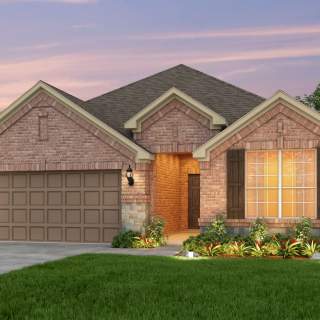 Exterior B of the Mckinney, a one-story home with shutters and stone 