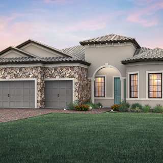 The Pinnacle, a one-story family home with a 3 car garage, shown with Home Exterior FM2B	
