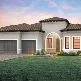 The Pinnacle, a one-story family home with a 3 car garage, shown with Home Exterior FM2A	